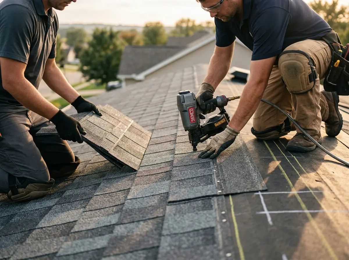 Professional roofer working on a residential roof in Pinson